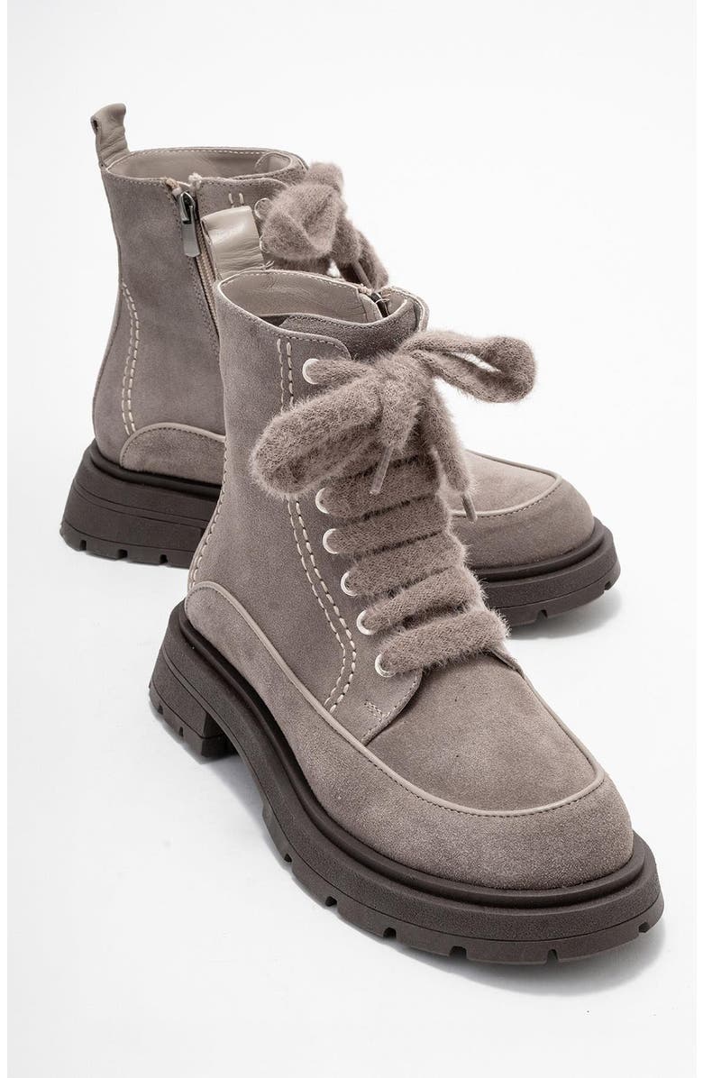 Forever & Always Shoes Mina Leather Combat Boot, Alternate, color, Grey Suede Leather