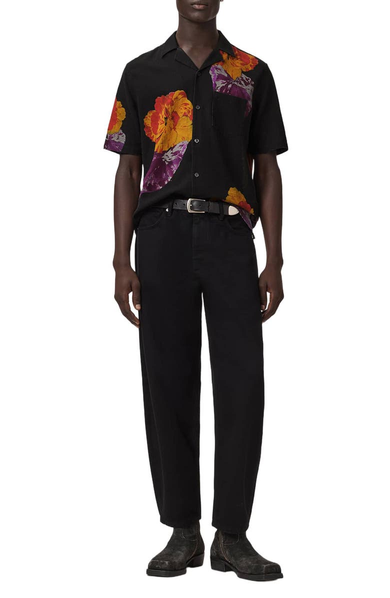AllSaints Nouvelle Floral Linen & Cotton Camp Shirt, Alternate, color, Jet Black