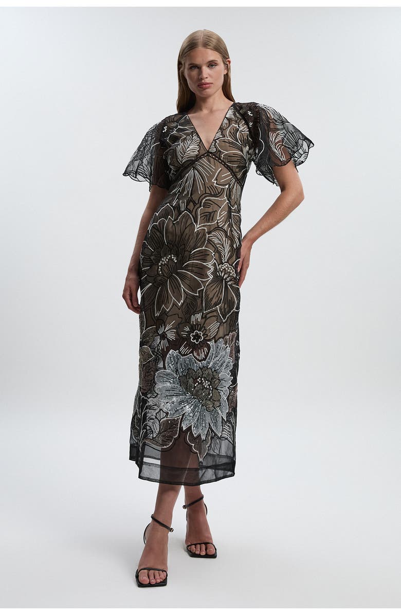 Karen Millen Sequin Organdie Woven Maxi Dress, Main, color, Mono