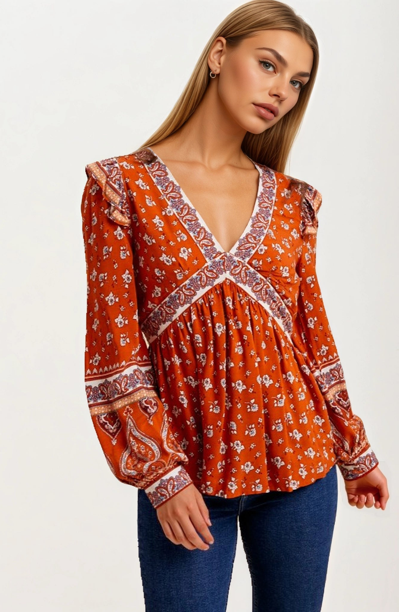 Knit and Lounge Floral Print Contrast Trim V-Neck Boho Blouse, Main, color, Orange Floral