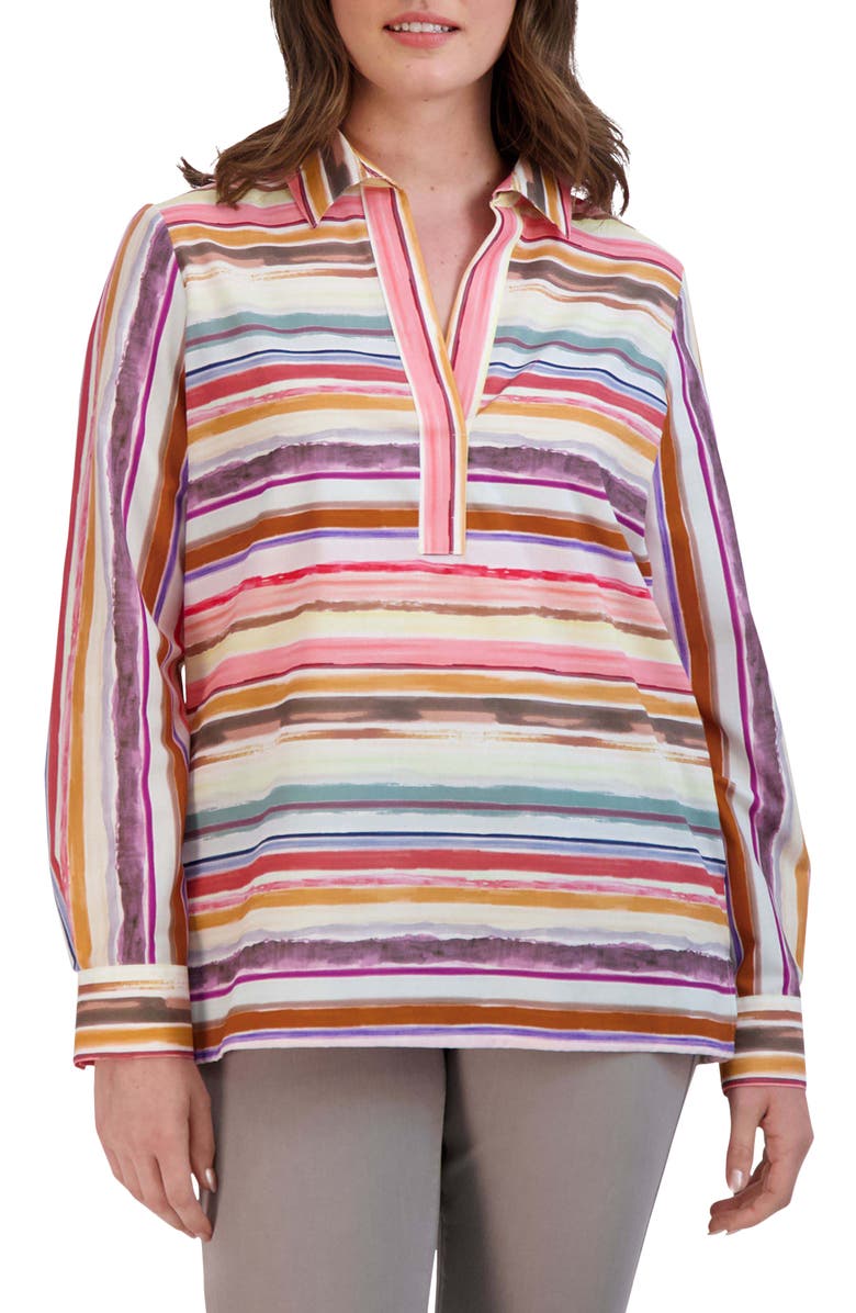 Foxcroft Sophia Watercolor Stripe Cotton Popover Tunic, Main, color, Multi Stripe