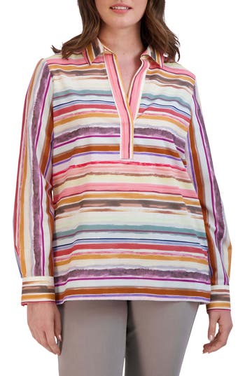 Shop Foxcroft Sophia Watercolor Stripe Cotton Popover Tunic In Multi Stripe