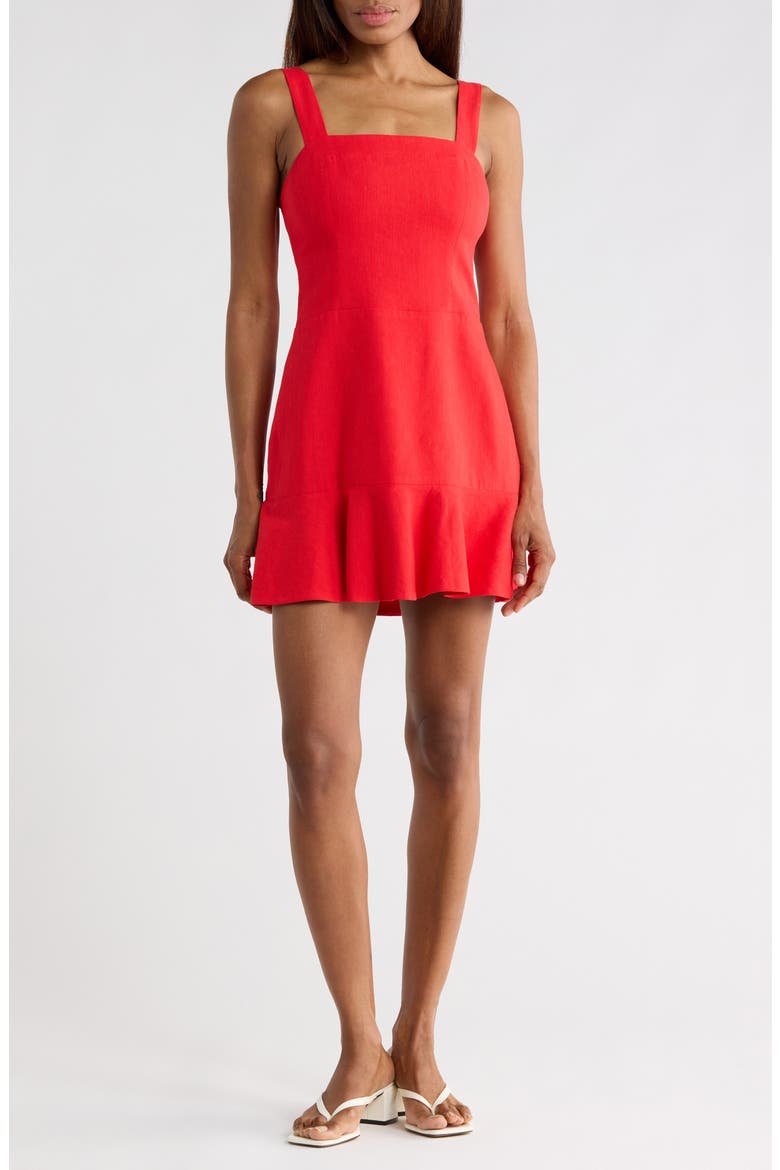 Kaidra Square Neck Drop Waist Linen Blend Minidress, Main, color, BRIGHT RUBY