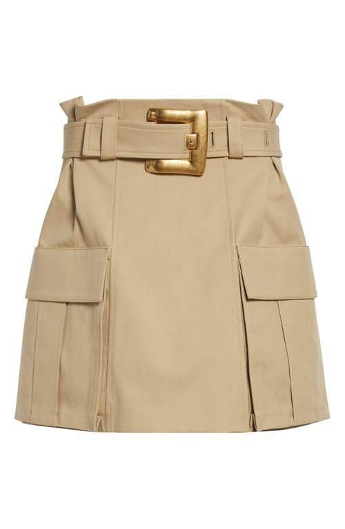 Balmain Belted Cotton Gabardine Miniskirt In Neutral