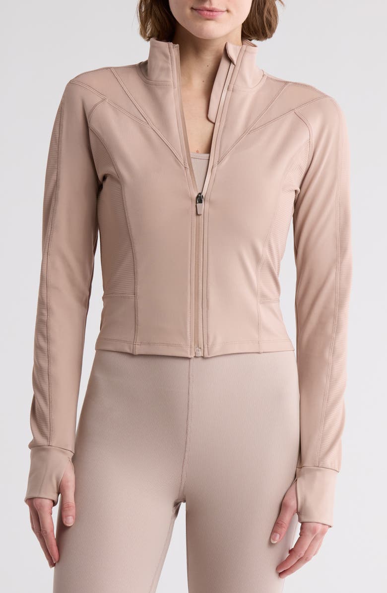 YOGALICIOUS Lux Ascension Crop Fitted Mock Zip Jacket, Main, color, Oak Brown