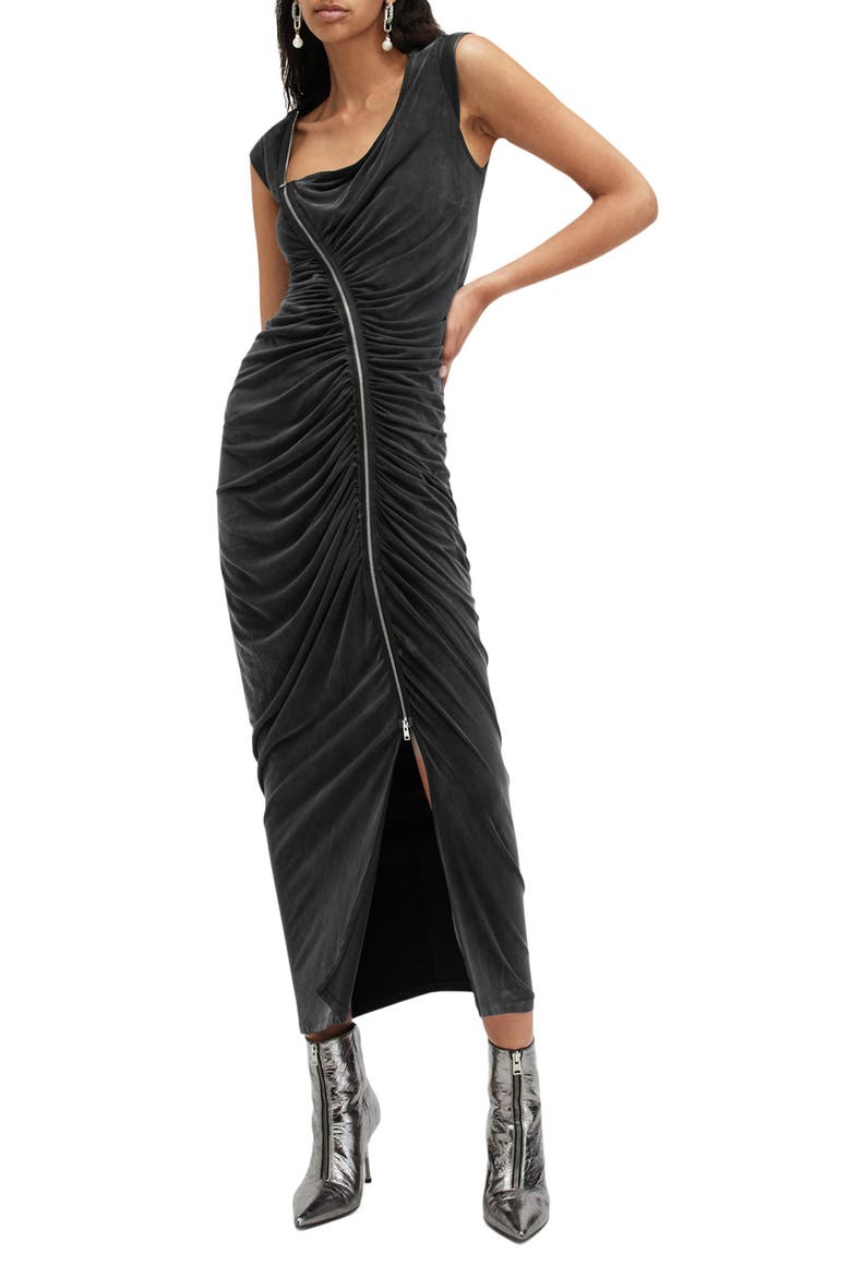 Umbra Asymmetric Ruched Dress, Alternate, color, BLACK