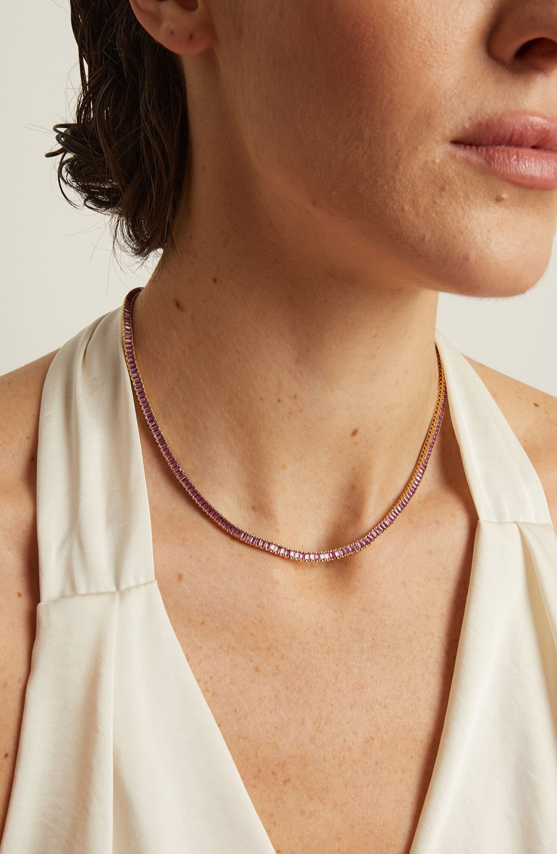 Aurate New York Lab Grown Pink Sapphire Baguette Tennis Necklace, Alternate, color, Pink Sapphire