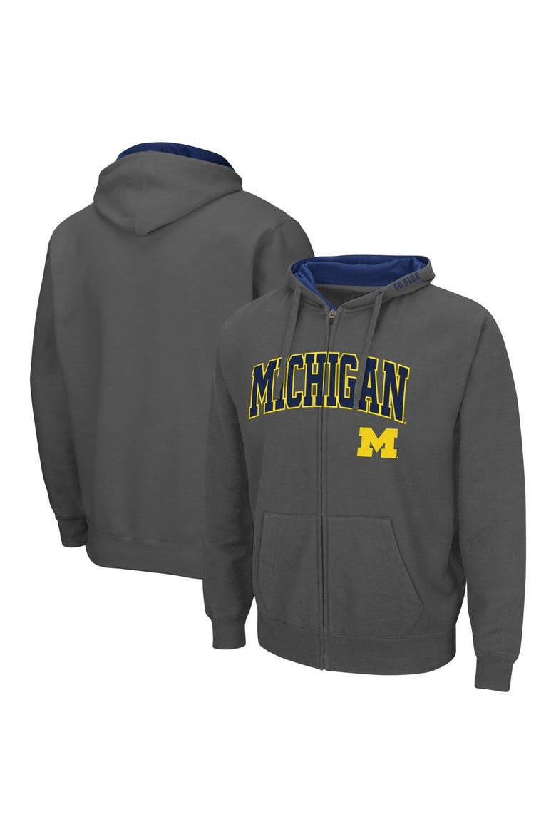 Men's Colosseum Charcoal Michigan Wolverines Arch & Logo 3.0 Full-Zip Hoodie, Main, color, Charcoal