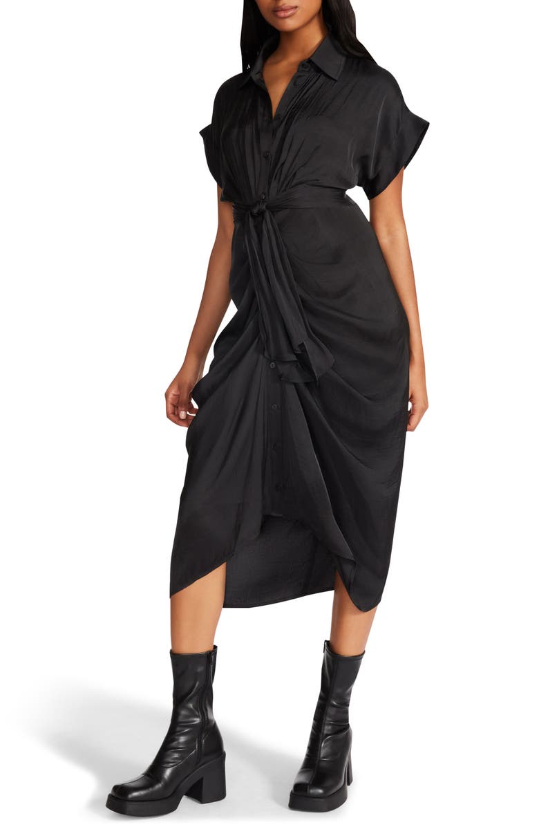 Steve Madden Tori Tie Waist Satin Midi Shirtdress, Alternate, color, Black Onyx
