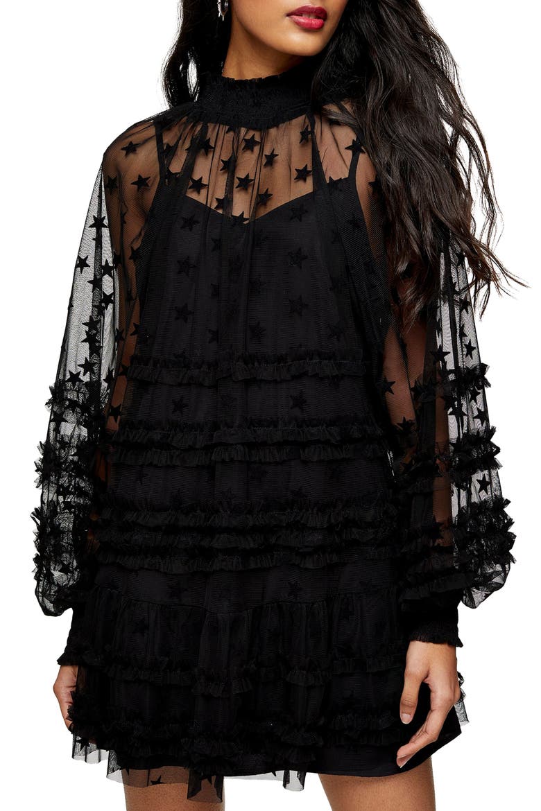 Star Mesh Long Sleeves Minidress, Main, color, BLACK