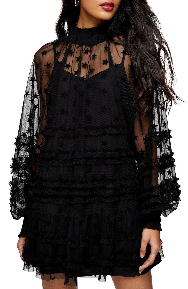 Topshop Star Mesh Long Sleeves Minidress, Main, color, 