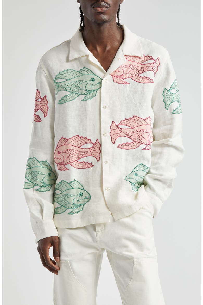 Piscine Long Sleeve Linen Camp Shirt, Main, color, WHITE MULTI