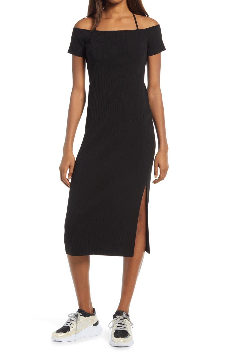 WAYF Deena Off the Shoulder Rib Knit Midi Dress, Main, color, 