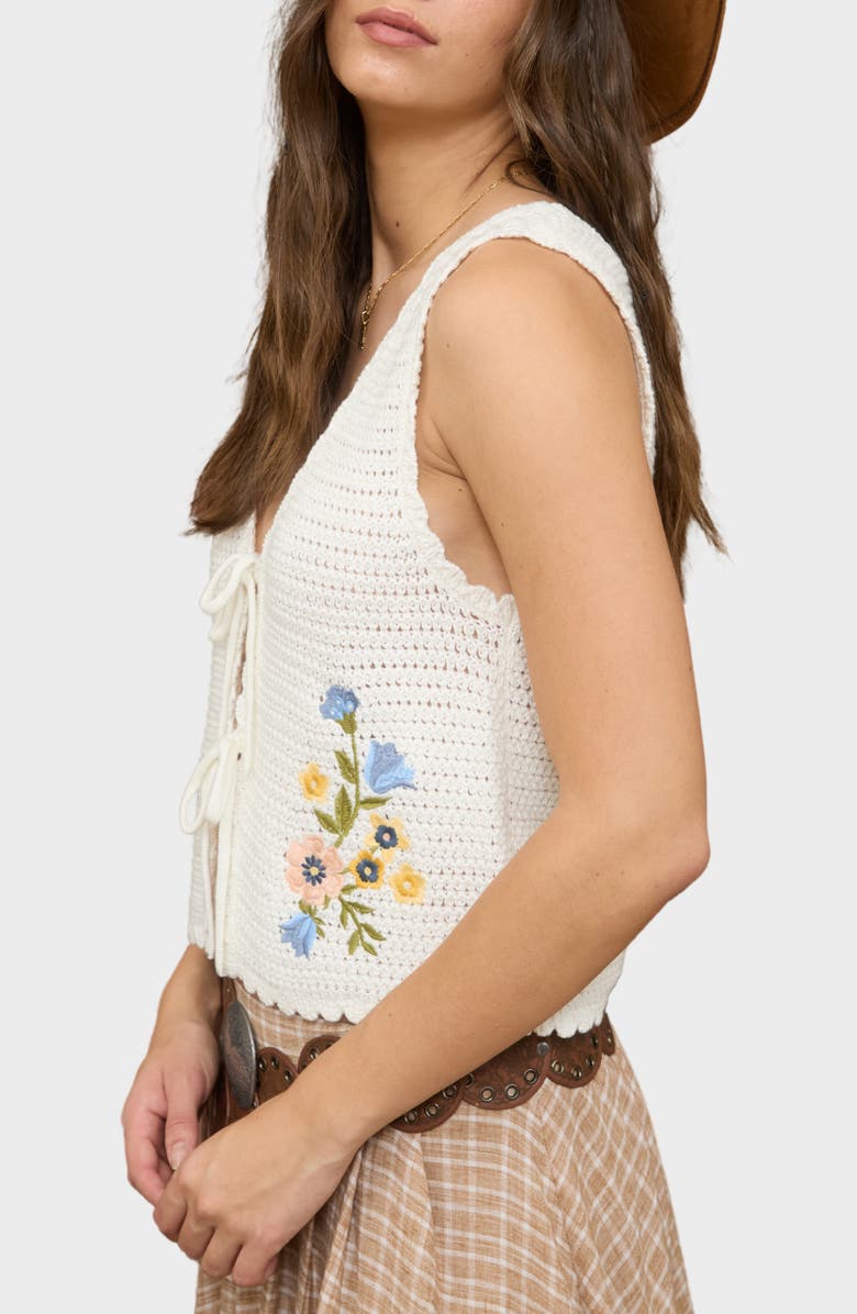 Blu Pepper Floral Embroidered Tie Front Sweater Vest, Alternate, color, Ivory