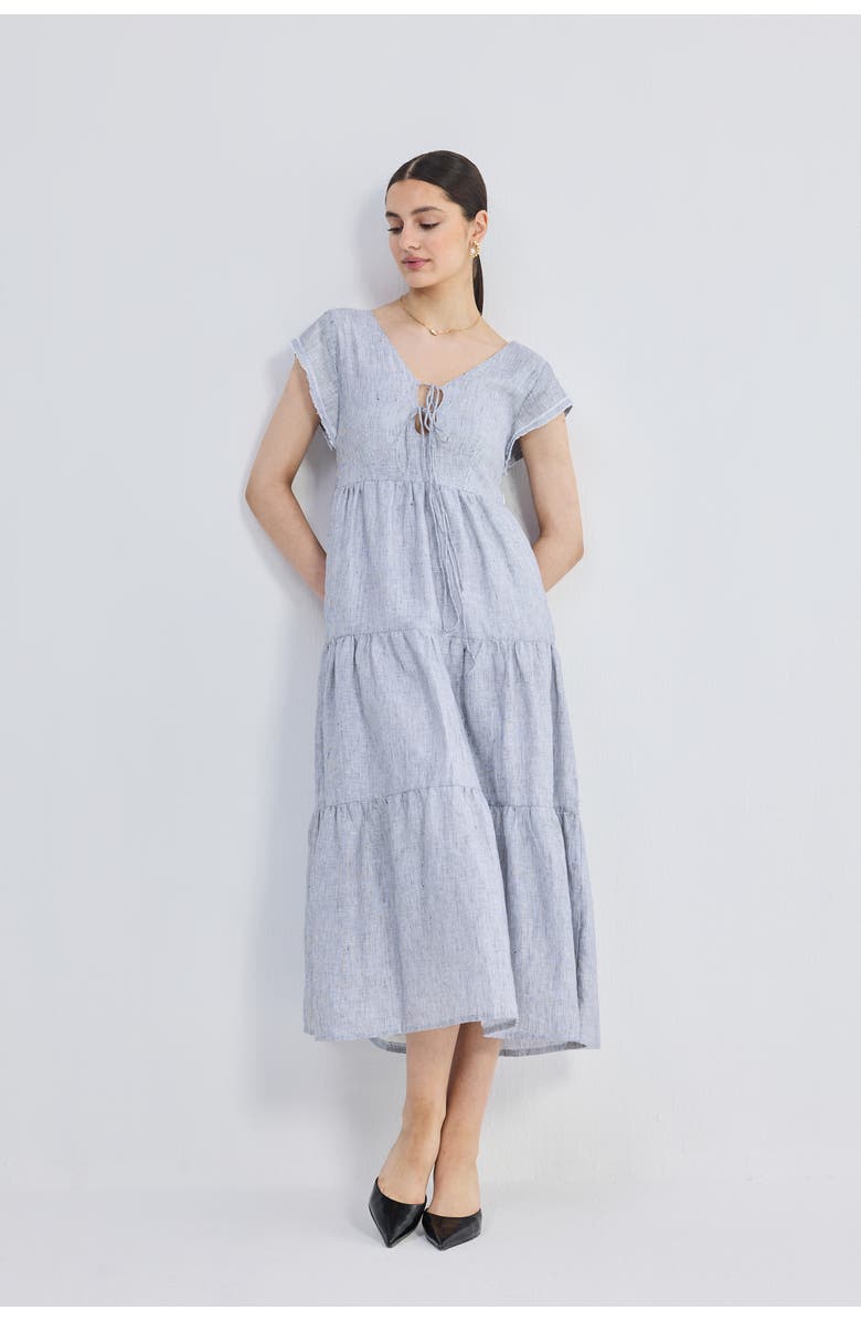 Reistor Gathered Tiered Dress with Front-ties - Linen stripes, Alternate, color, Pin Striped Linen