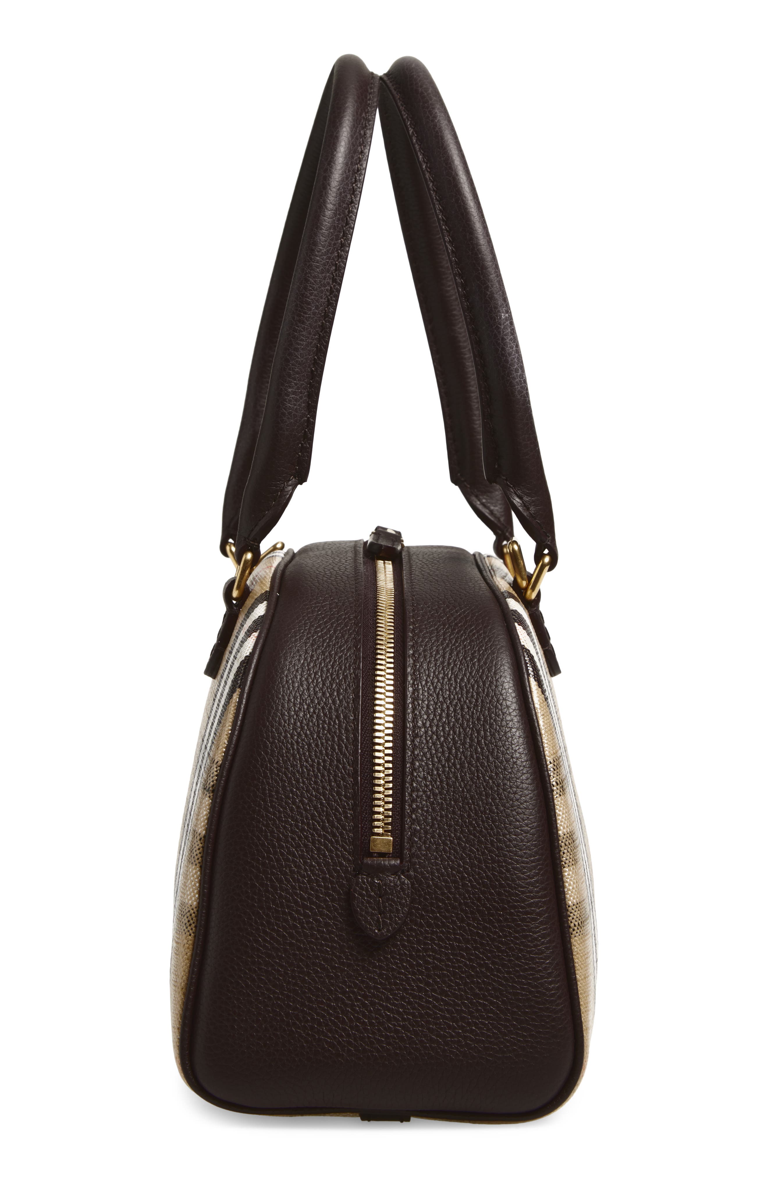 Burberry Medium Highlands Check Leather Bowling Bag, Alternate, color, Sand