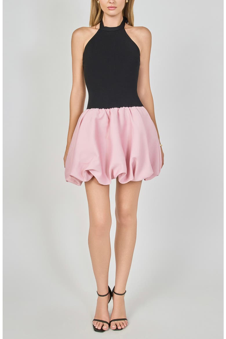 Mixed Media Halter Neck Bubble Minidress, Main, color, BLACK/ PINK