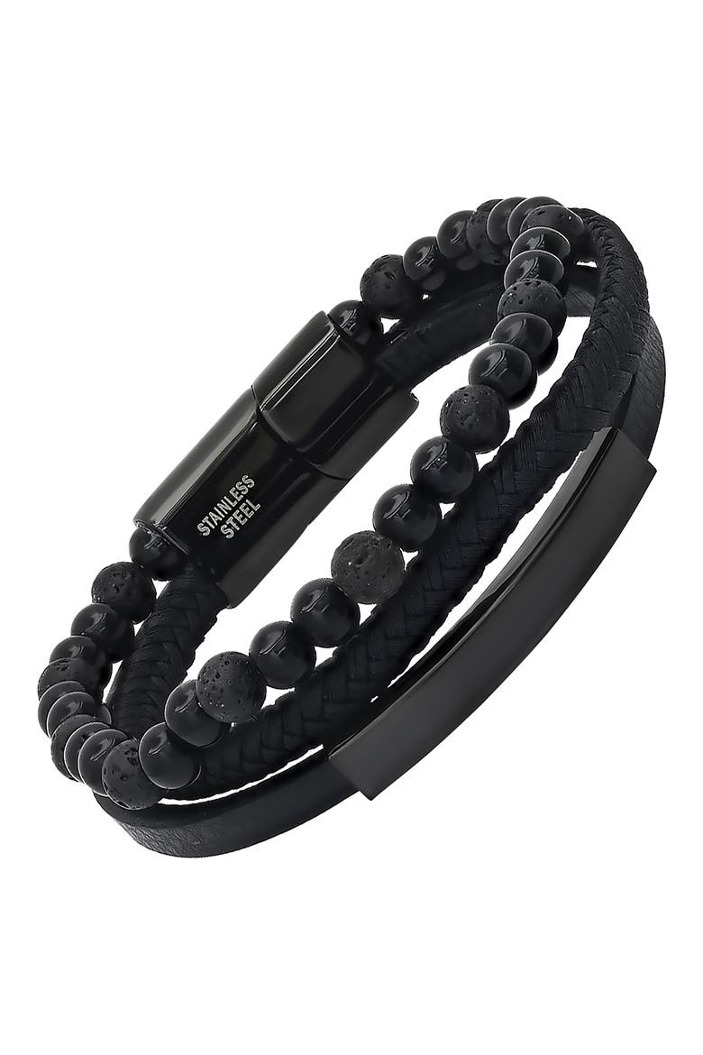 Men's Black Stainless Steel Lava Bead & Leather Layered Bracelet, Alternate, color, BLACK