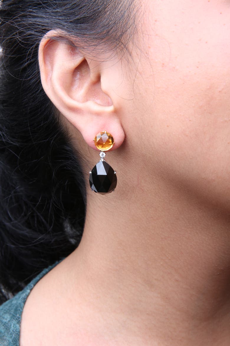 18K Gold 1/5 Ct Diamond with Citrine & Pear Cut Black Onyx Gemstone Dangle Earring, Alternate, color, Yellow