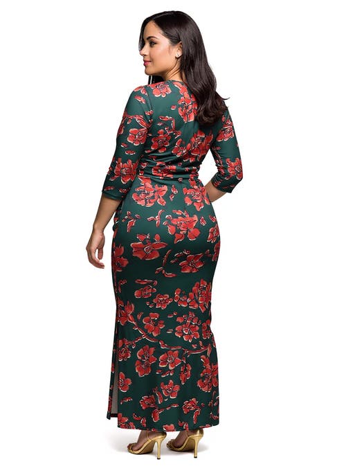 24seven Comfort Apparel Floral Print Three Quarter Sleeve Side Slit Maxi Dress In Multi