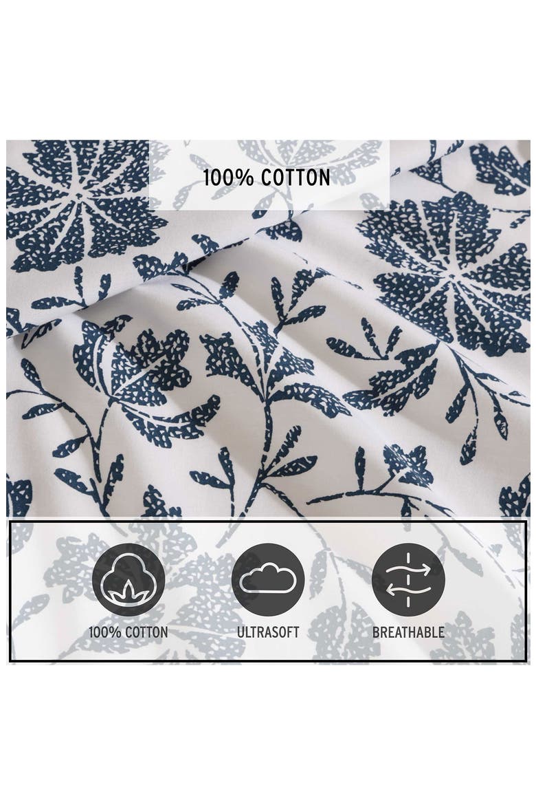 Woodblock Floral 200 Thread Count Cotton Percale Sheet Set, Alternate, color, WHITE/ BLUE