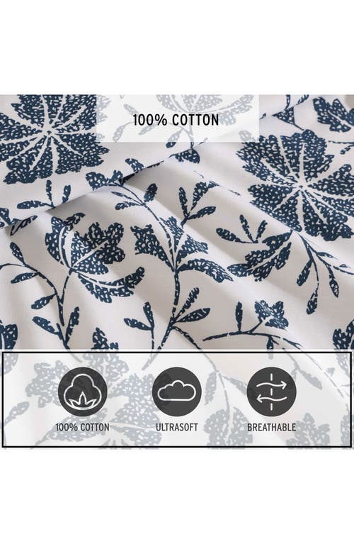 Eddie Bauer Woodblock Floral 200 Thread Count Cotton Percale Sheet Set In White/blue