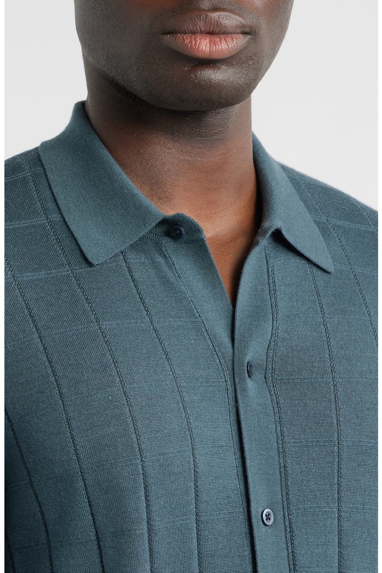 Textured Merino Wool & Silk Short Sleeve Button-Up Sweater, Alternate, color, BLUE SLATE