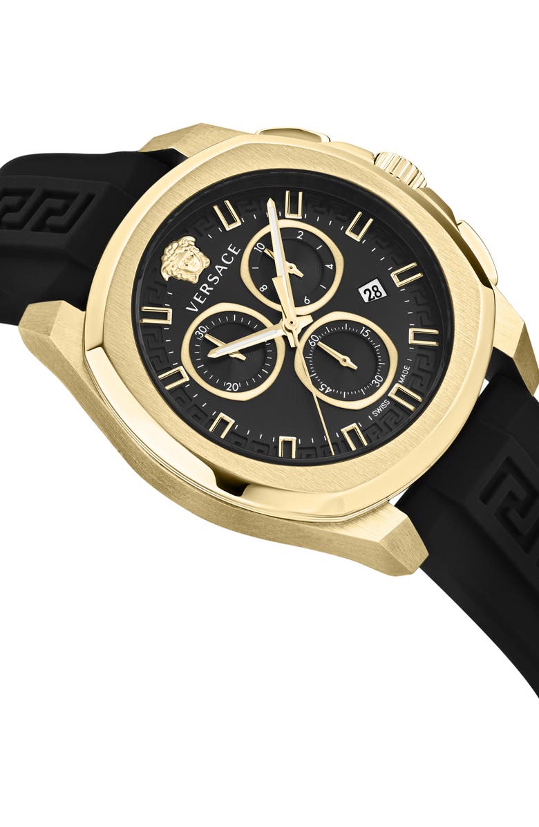 Versace Geo Chronograph Silicone Strap Watch, 43mm, Alternate, color, Gold
