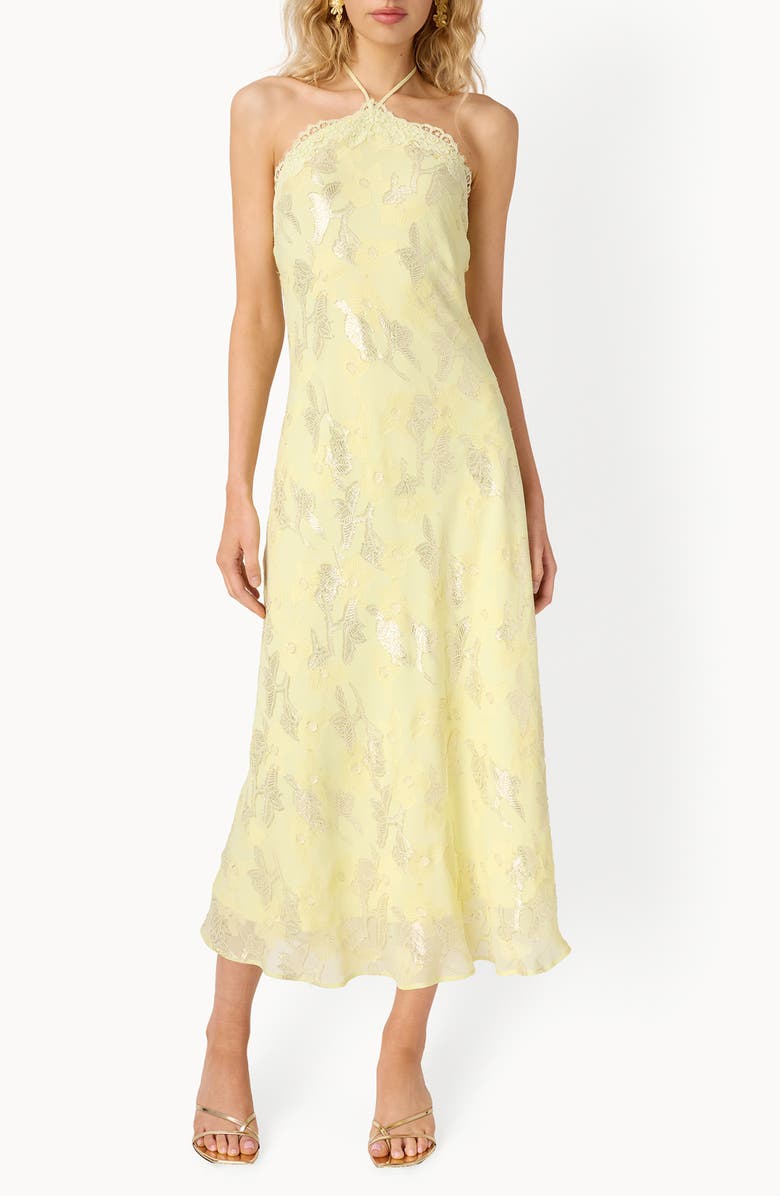 CAMI NYC Ruzita Metallic Silk Blend Halter Midi Dress, Main, color, Buttercup