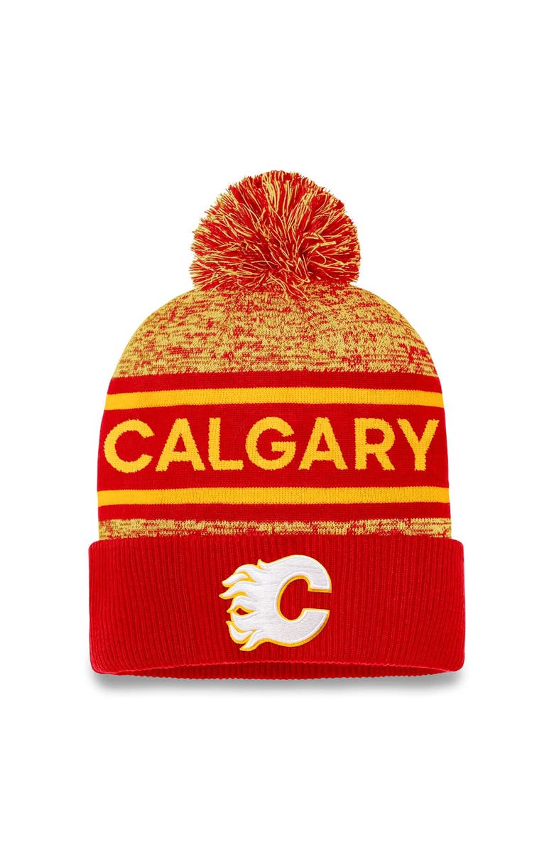 FANATICS Men's Fanatics Branded  Red/Yellow Calgary Flames Authentic Pro Cuffed Knit Hat with Pom, Main, color, 