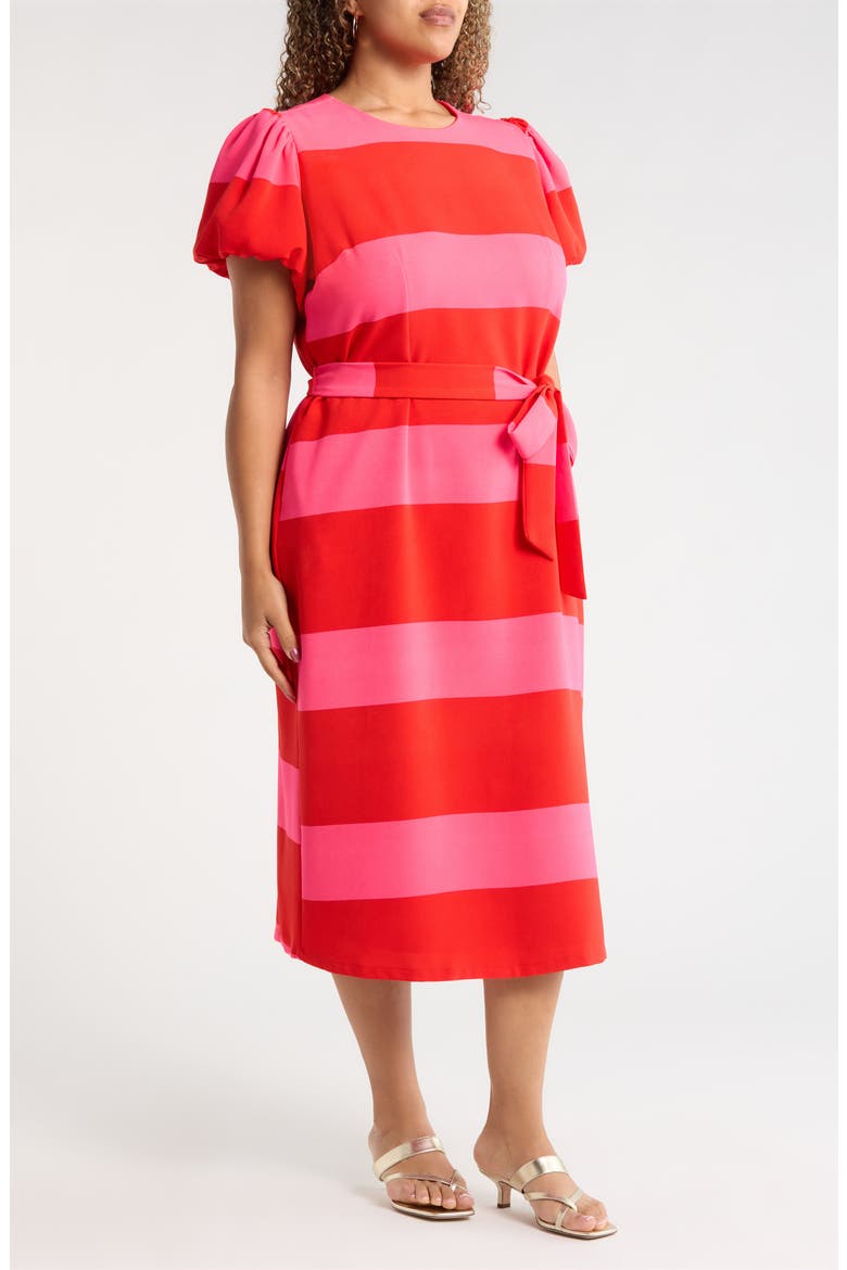 Lolli Stripe Senidy Puff Sleeve Midi Dress, Alternate, color, FUCHSIA-RED