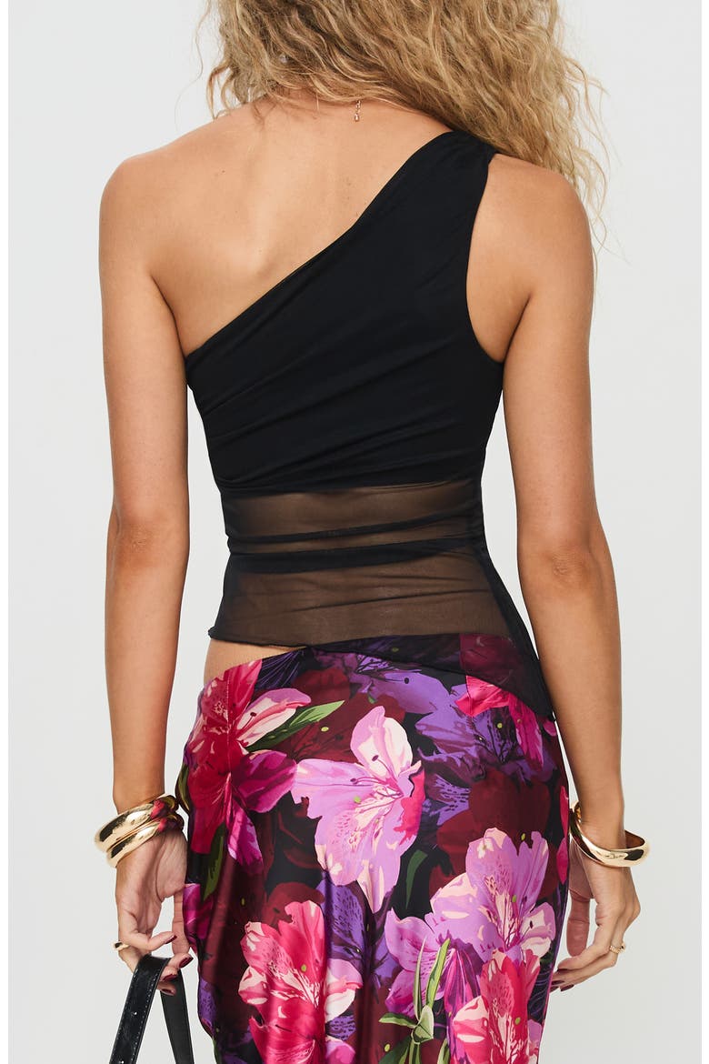 Gilda One-Shoulder Asymmetric Mesh Crop Top, Alternate, color, BLACK