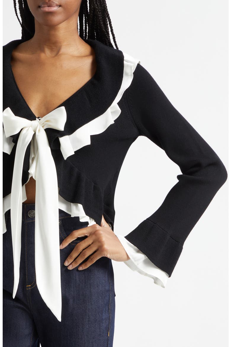Melinda Ruffle Tie Front Cardigan, Alternate, color, BLACK/ GARDENIA