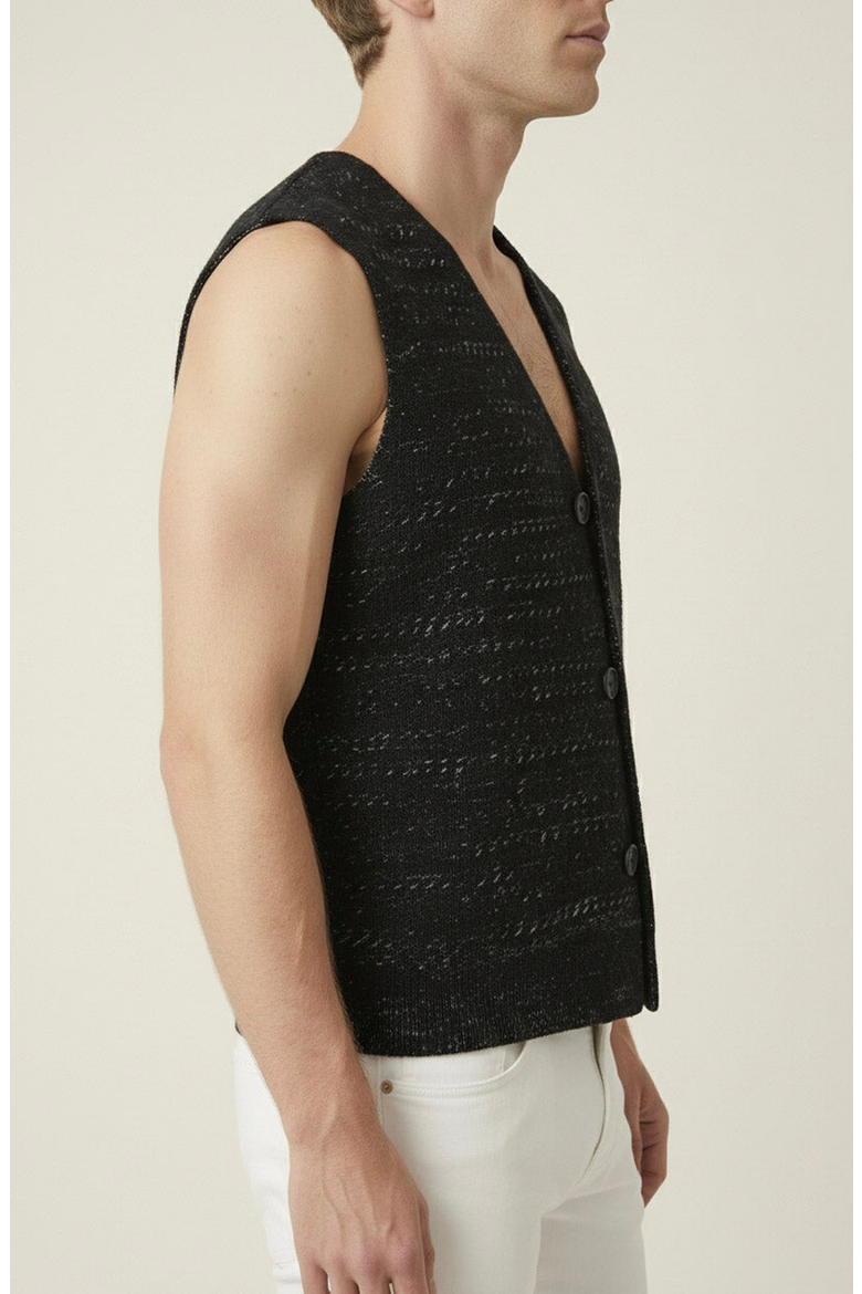 Textured Knit V Neck Button Front Vest, Alternate, color, Black