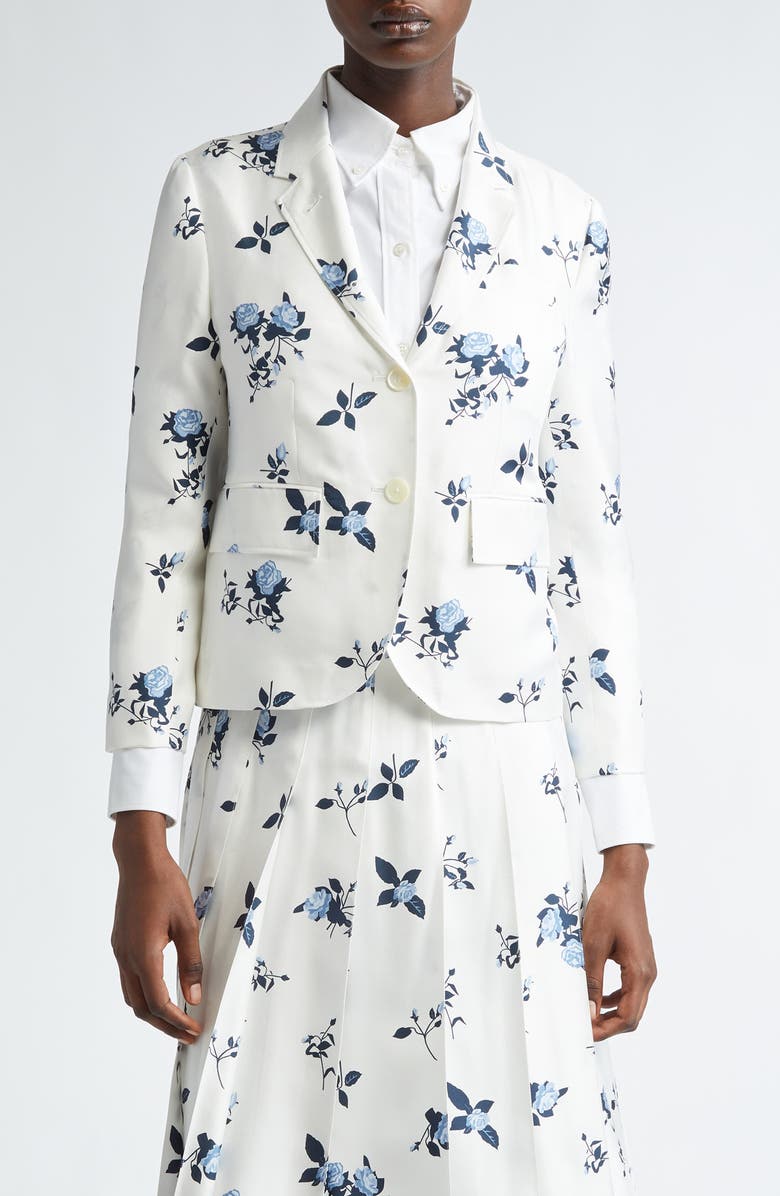 Thom Browne Rose Print Fit 3 Silk Twill Blazer, Main, color, White