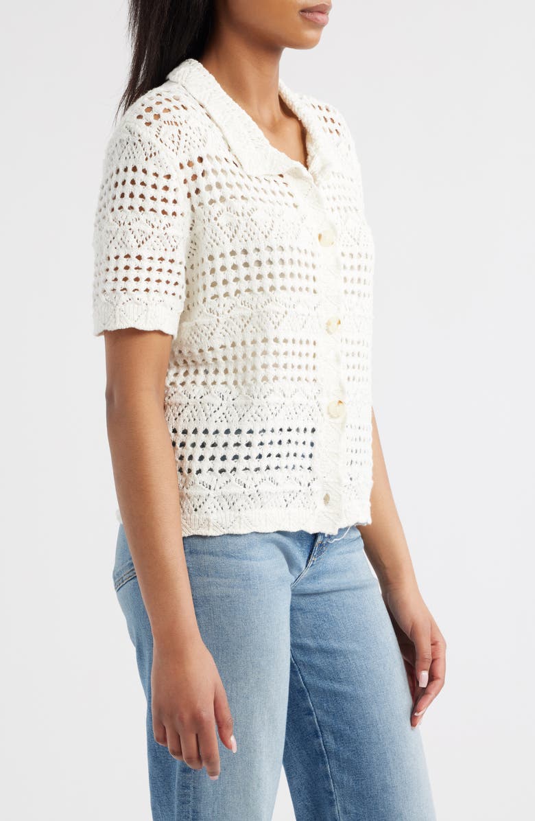 beachlunchlounge Penny Open Knit Short Sleeve Cardigan, Alternate, color, White