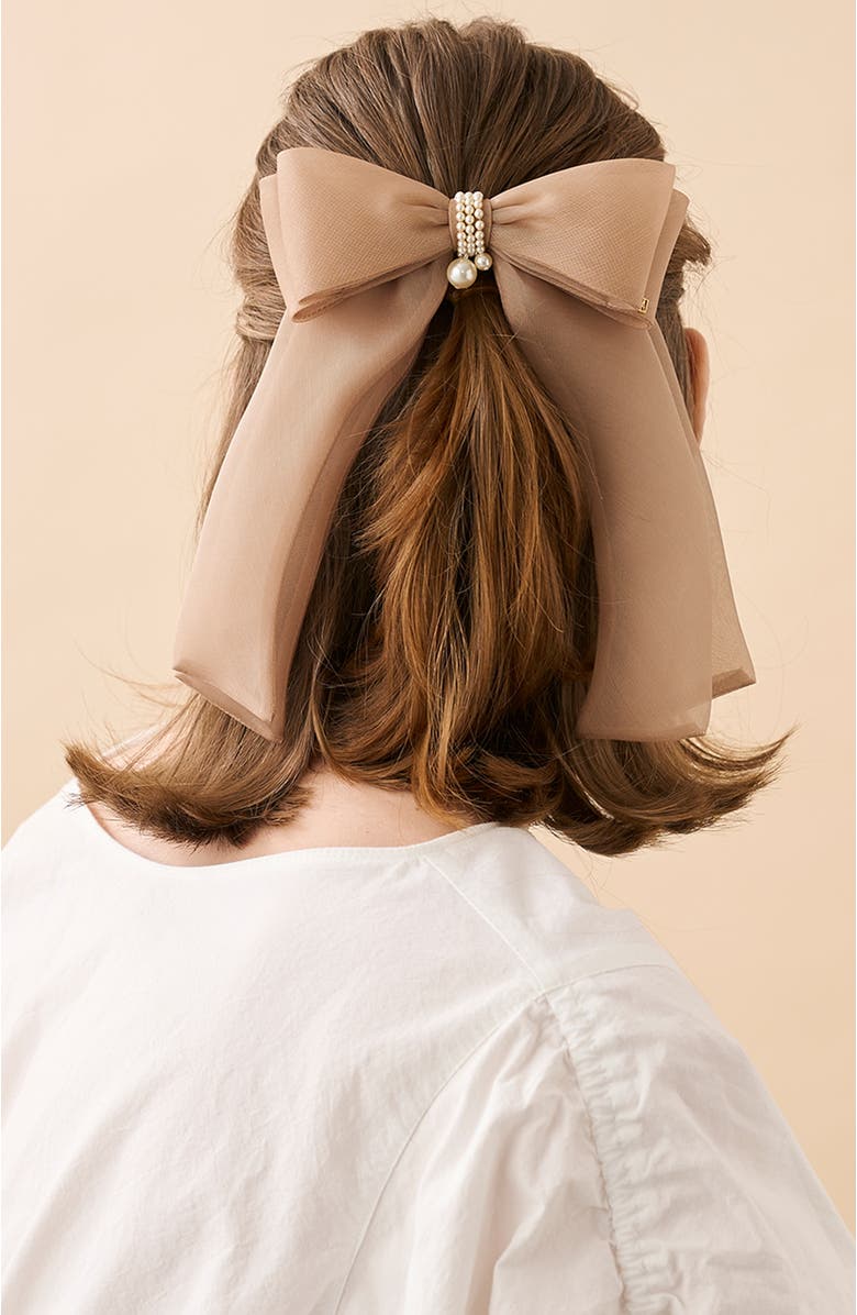 Alexandre de Paris Organza silk bow barette, Alternate, color, Beige