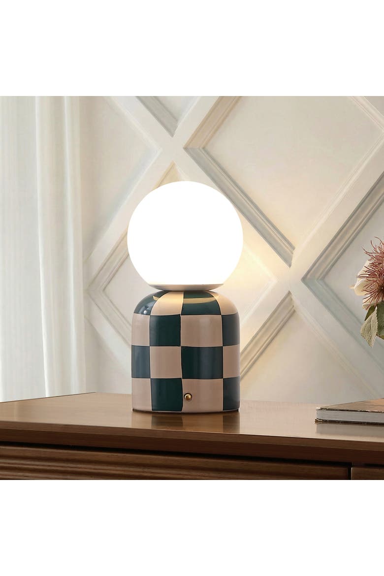 Zira Modern Checkerboard Ceramic Rechargeable Cordless Integrated Portable Dimmable with Frosted Globe Shade LED Table Lamp, Alternate, color, Dark Green/Cream