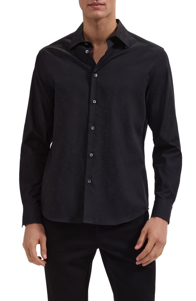 Bugatchi Julian Shaped Fit Floral Jacquard Stretch Cotton Button-Up Shirt, Main, color, Black