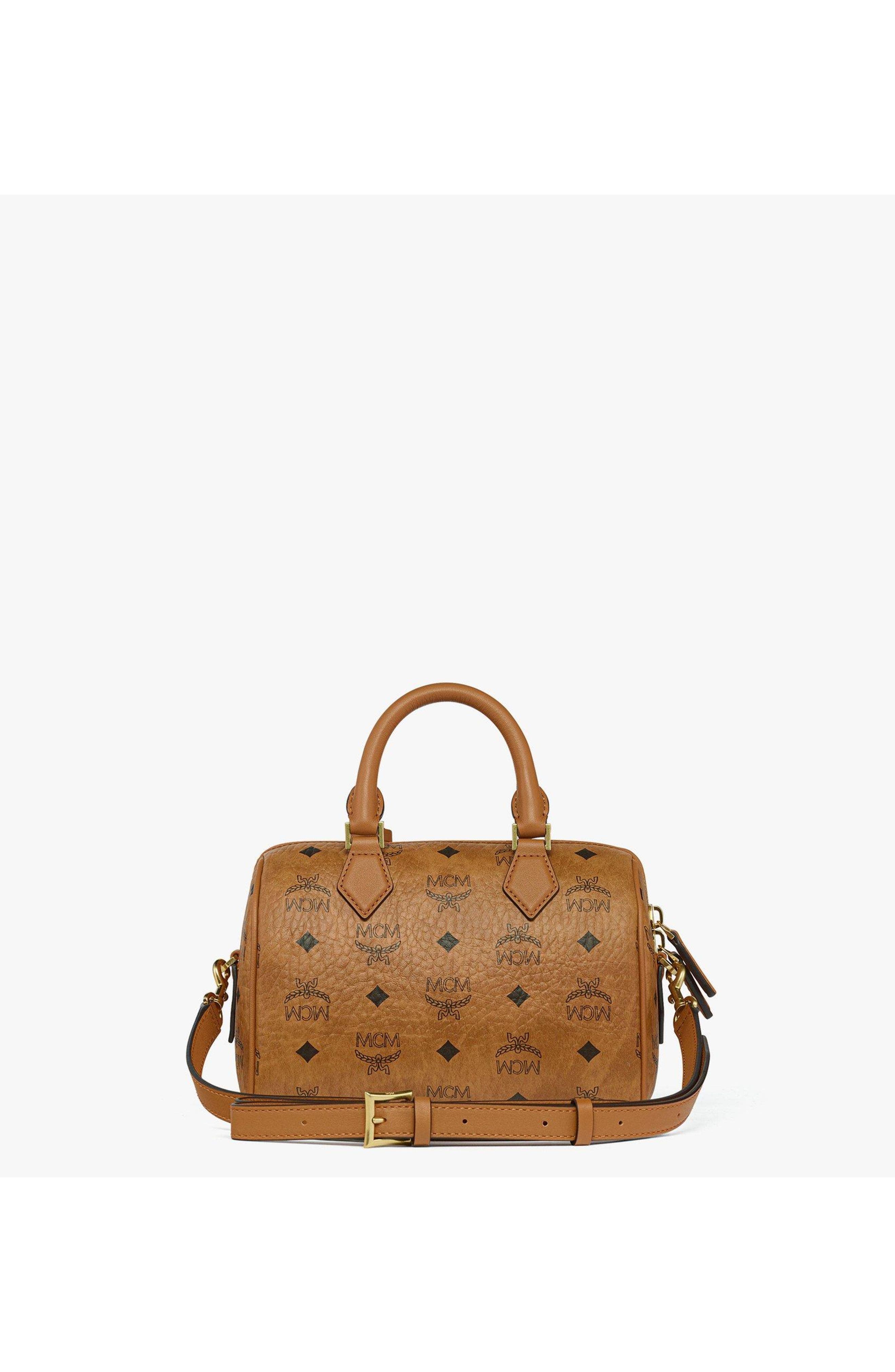 MCM Small Ella Boston Bag in Rabot Visetos, Alternate, color, Cognac