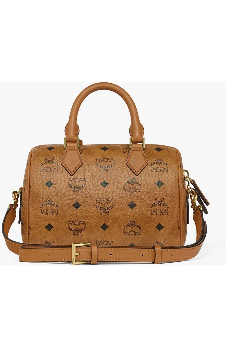 MCM Small Ella Boston Bag in Rabot Visetos, Alternate, color, Cognac