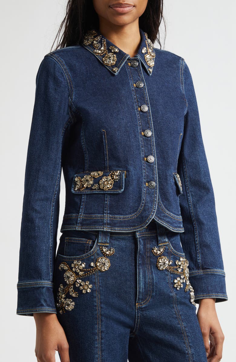 Cinq à Sept Ivy Crystal Crop Denim Jacket, Alternate, color, Fontaine Multi