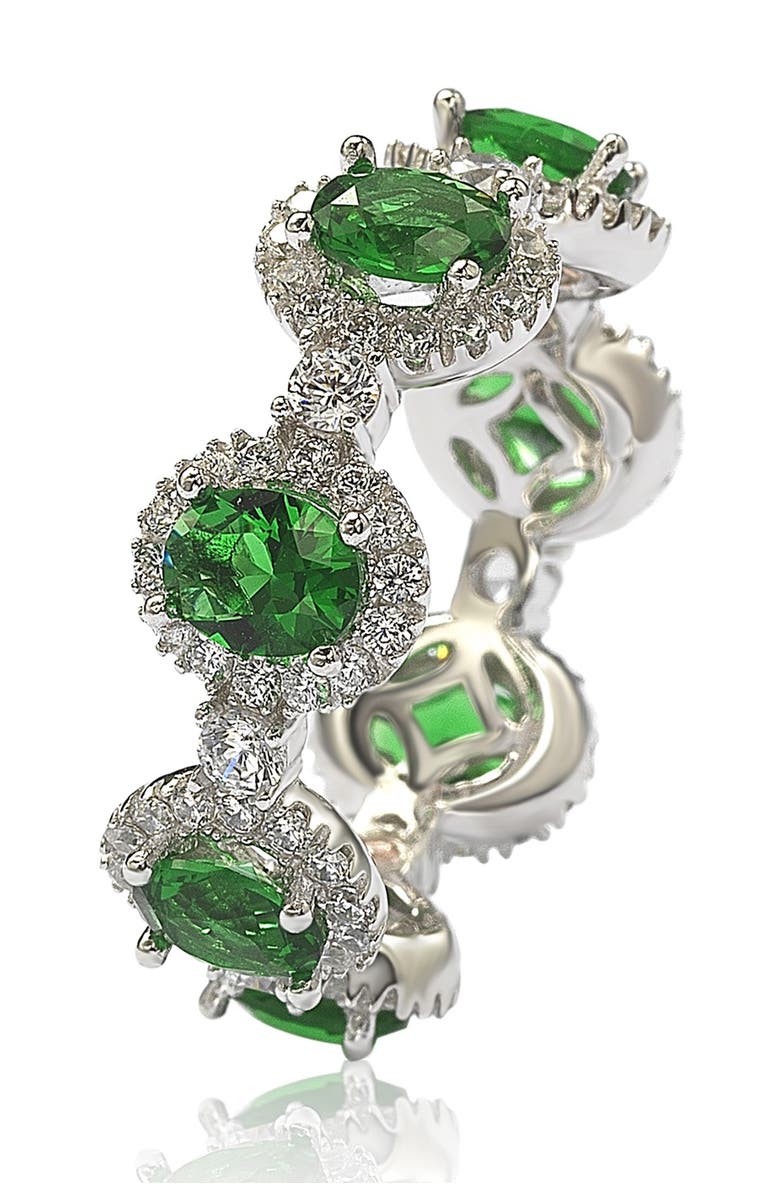 SUZY LEVIAN Sterling Silver Prong Set Green CZ & Pave Halo Station Eternity Band Ring, Alternate, color, Green