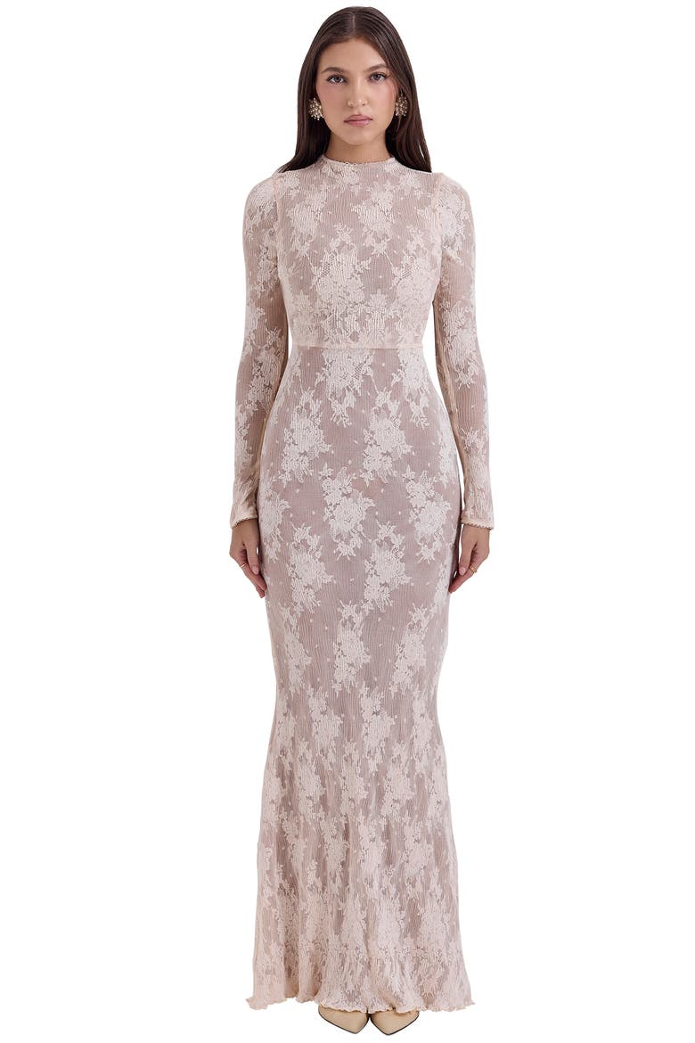 Isoline Lace Long Sleeve Gown, Alternate, color, TENDER PEACH