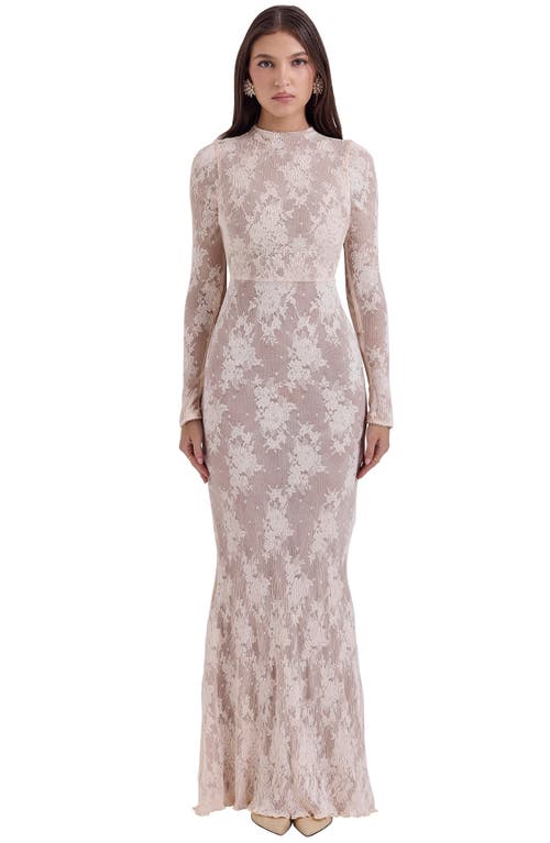 House Of Cb Isoline Lace Long Sleeve Gown In Tender Peach