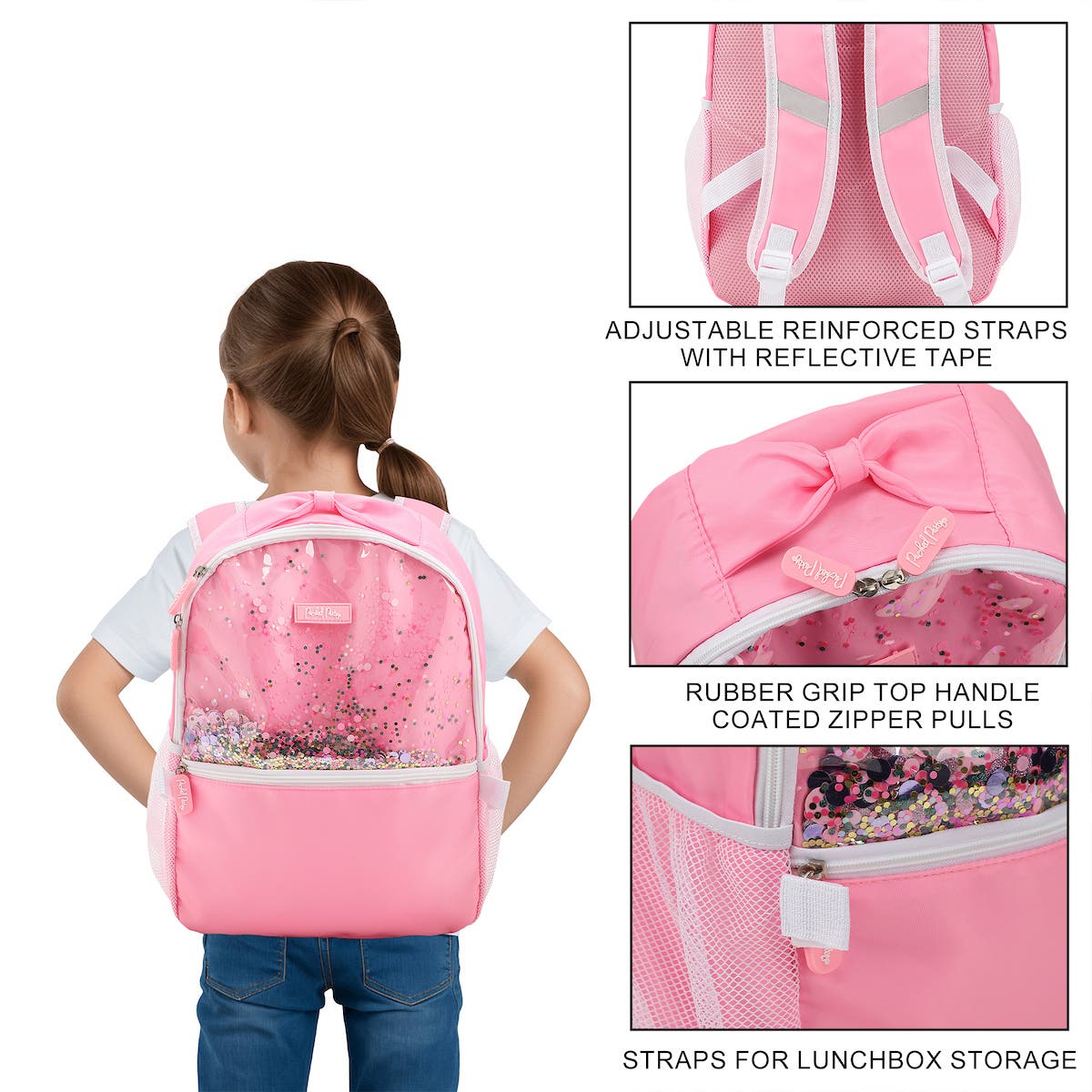 Pink Confetti Filled Pink 17" Adult Backpack With Matching Insulated Lunchbox, Alternate, color, Packed Party Silver Confetti
