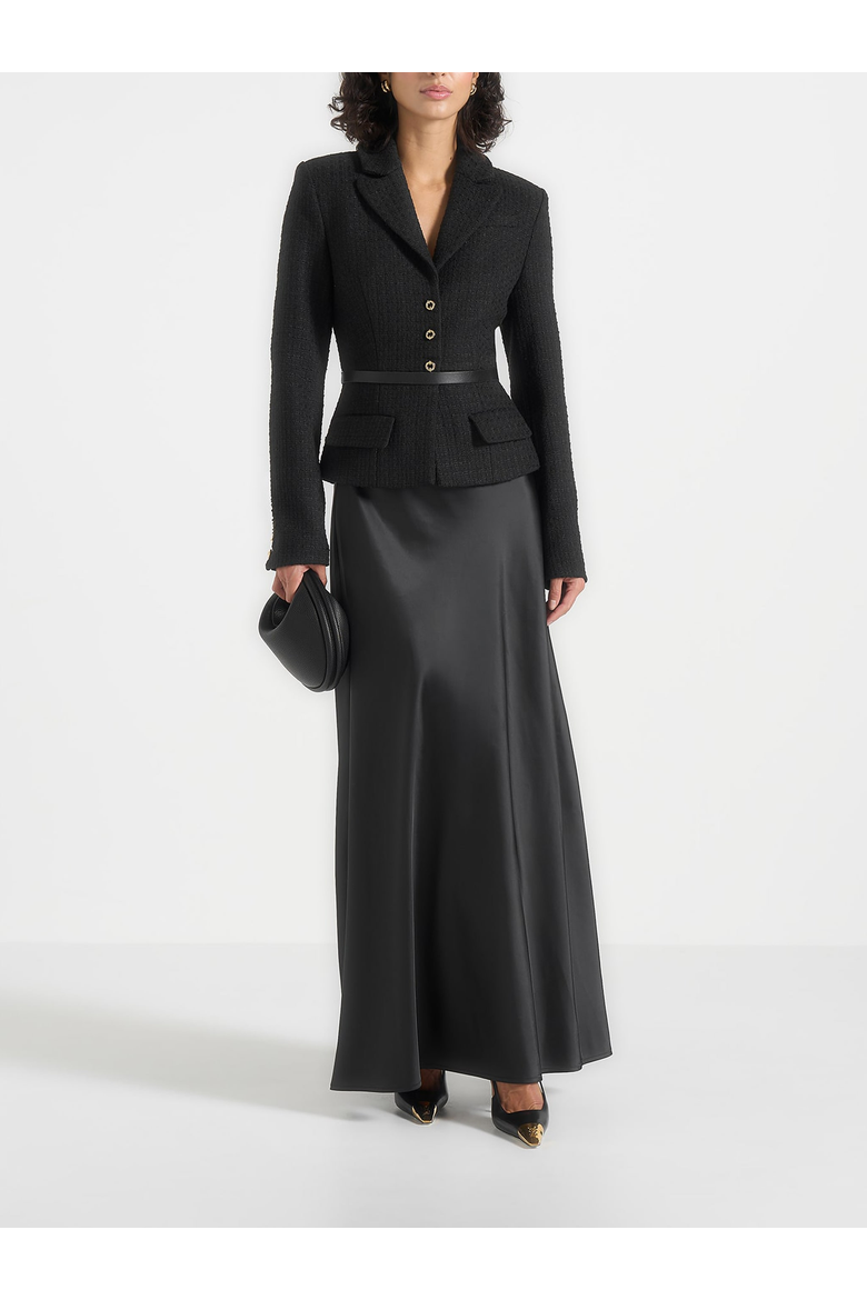 Grace Boucle Blazer Satin Maxi Dress, Main, color, Black