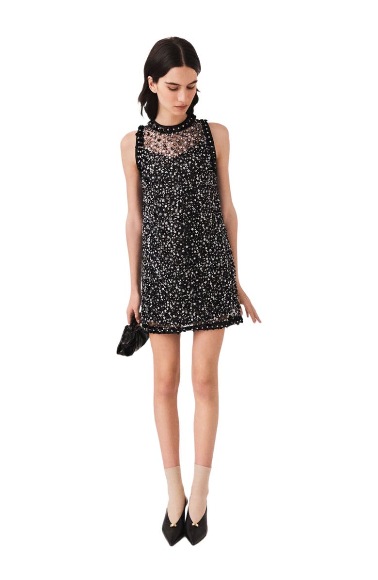 maje Rhinestone floral dress, Alternate, color, Black