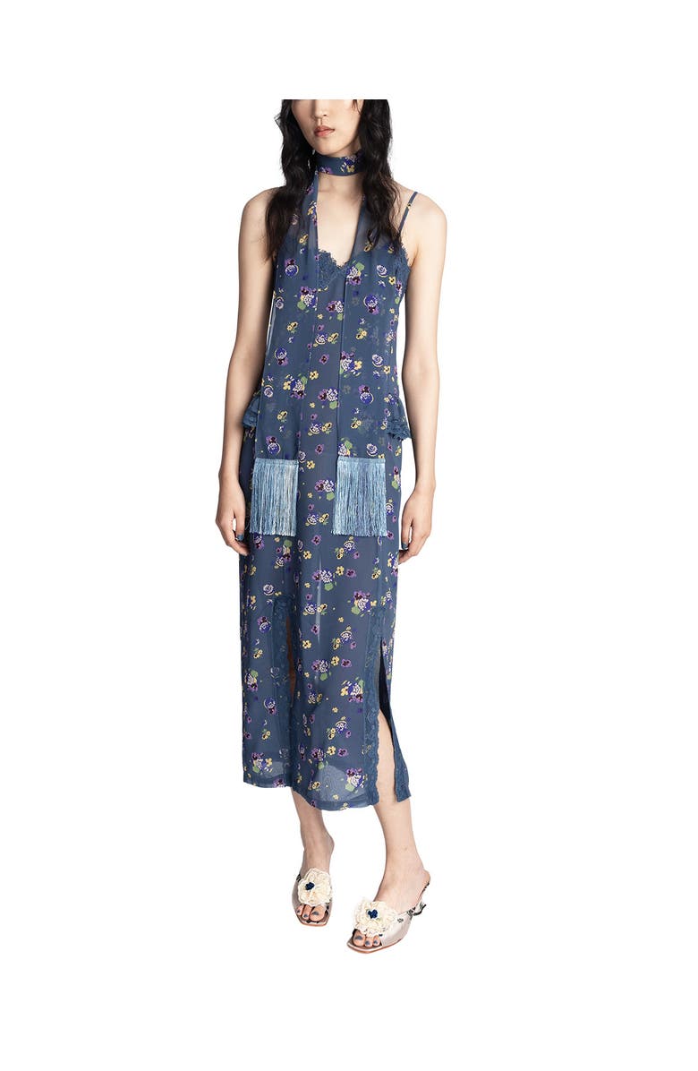 Anna Sui Night Blooming Chiffon Slip Dress, Main, color, Indigo Multi
