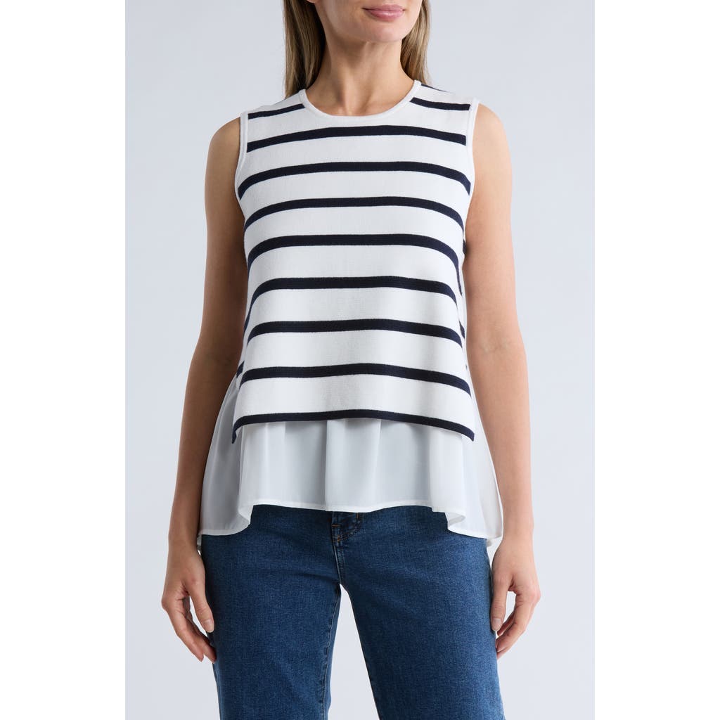 Adrianna Papell Stripe Sleeveless Twofer Sweater Vest In White